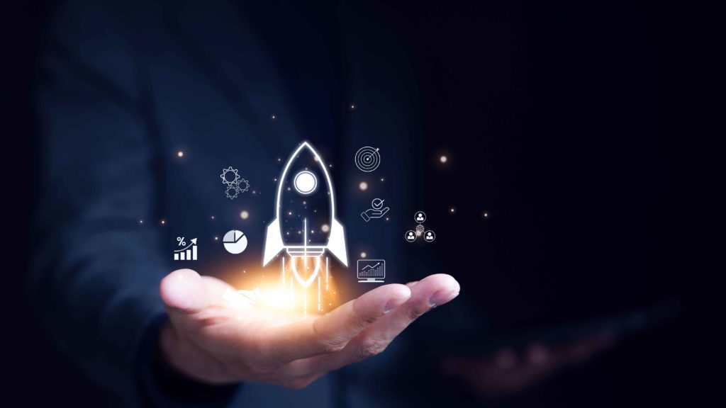 Logo de fusée digitalisée qui décolle d'une main